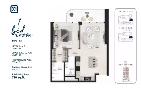 SquareX One: Floor plan Type - B2, 758 sq ft