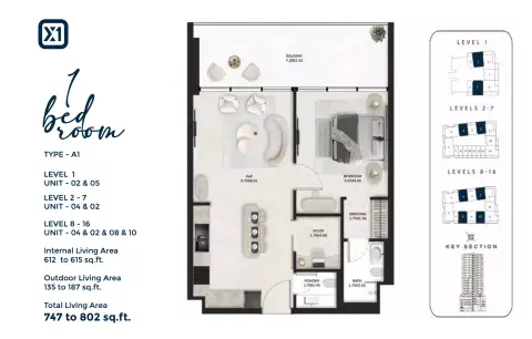 SquareX One: Floor plan Type - A1, 747 sq ft