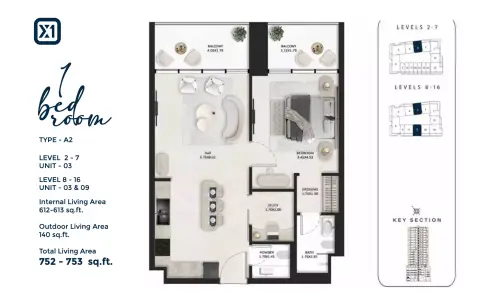 SquareX One: Floor plan Type - A2, 752 sq ft