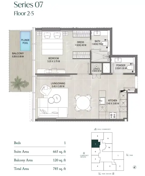 Allegro Park: Floor plan Type 07, 785 sq ft