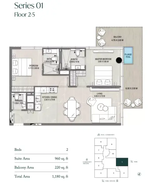 Allegro Park: Floor plan Type 01, 1,180 sq ft