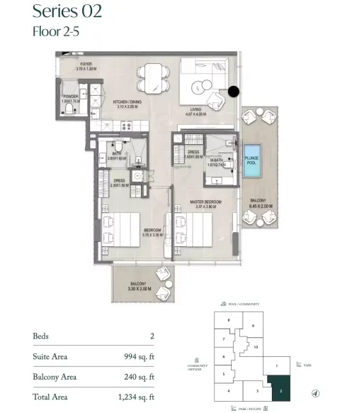 Allegro Park: Floor plan Type 02, 1,234 sq ft