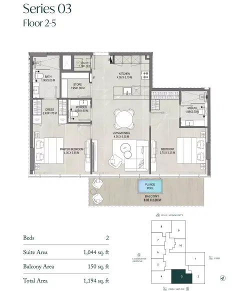 Allegro Park: Floor plan Type 03, 1,194 sq ft