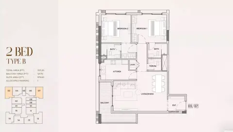 Myra Residences: Floor plan Type B, 1,101 sq ft