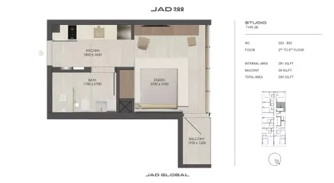 JAD288: Floor plan Type 1-Tower A, 309 sq ft