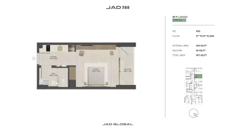 JAD288: Floor plan Type 1-Tower A, 397 sq ft