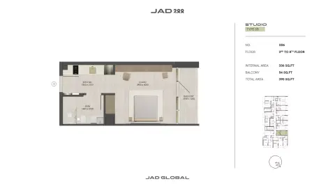 JAD288: Floor plan Type 2-Tower A, 390 sq ft