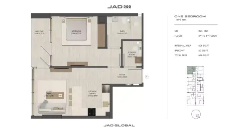 JAD288: Floor plan Type 1-Tower A, 666 sq ft