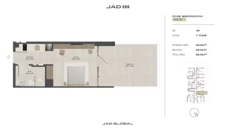 JAD288: Floor plan Type 1-Tower A, 566 sq ft