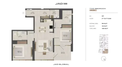 JAD288: Floor plan Type 1-Tower A, 1,053 sq ft
