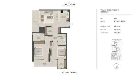 JAD288: Floor plan Type 2-Tower A, 1,159 sq ft