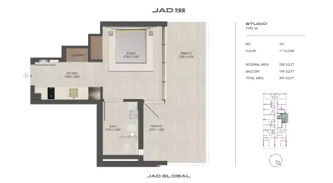 JAD288: Floor plan Type 1-Tower B, 497 sq ft