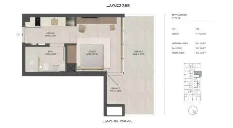 JAD288: Floor plan Type 2-Tower B, 462 sq ft