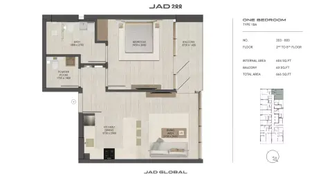 JAD288: Floor plan Type 3-Tower B, 666 sq ft