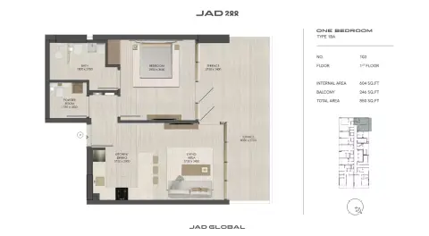 JAD288: Floor plan Type 1-Tower B, 855 sq ft
