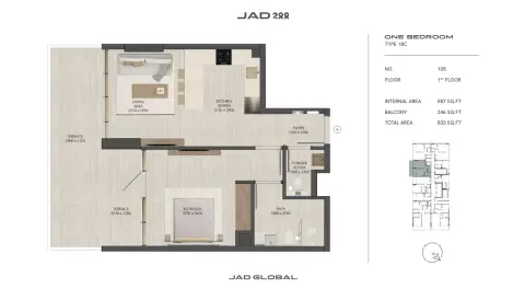 JAD288: Floor plan Type 2-Tower B, 822 sq ft