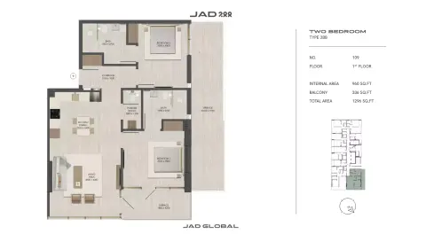 JAD288: Floor plan Type 2-Tower B, 1,296 sq ft