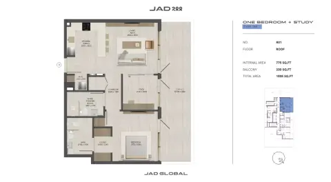 JAD288: Floor plan Type 1 Study-Tower C, 1,005 sq ft