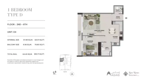 Al Warsan Star: फ़्लोर प्लान Type D, 694 sq ft