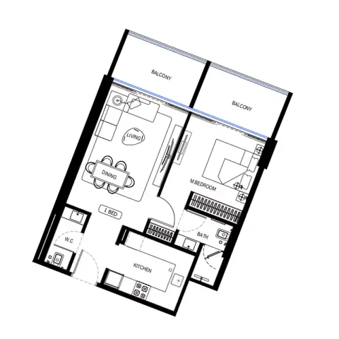 Binghatti HillCrest: Floor plan Type 1, 653 sq ft