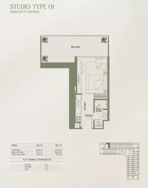 Binghatti Vintage: Floor plan Type 01, 511 sq ft