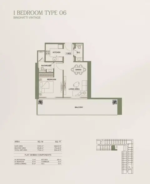 Binghatti Vintage: Floor plan Type 06, 834 sq ft