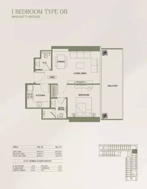 Binghatti Vintage: Floor plan Type 08, 706 sq ft