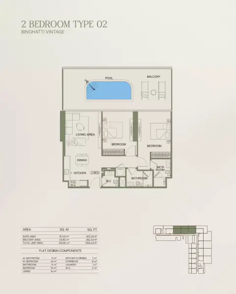 Binghatti Vintage: Floor plan Type 02, 1,354 sq ft
