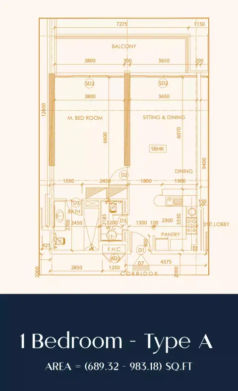 Rapunzel Tower: Floor plan Type A, 689 sq ft