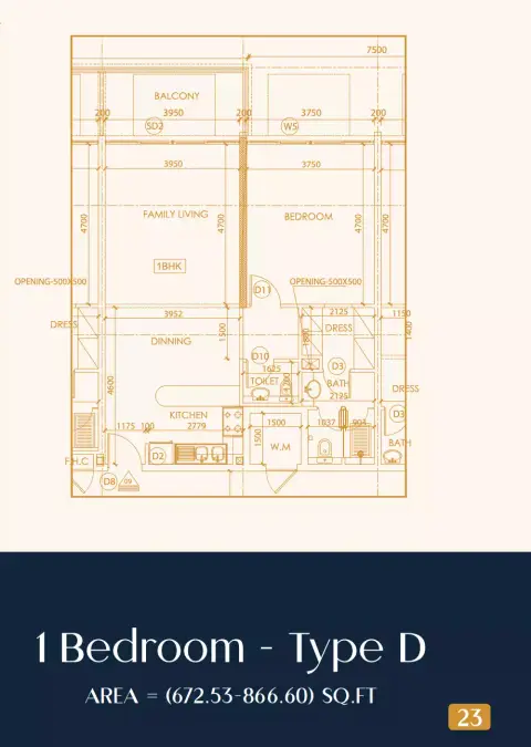 Rapunzel Tower: Floor plan Type D, 672 sq ft