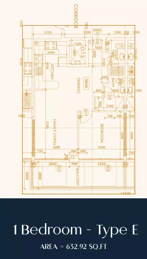 Rapunzel Tower: Floor plan Type E, 632 sq ft
