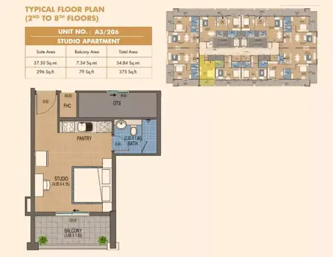 Purvanchal Triana Residences: Type 1, 375 sq ft 户型图