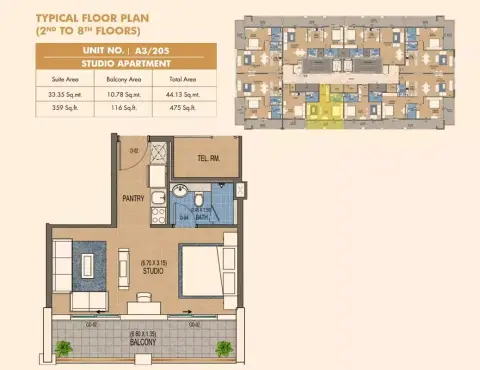 Purvanchal Triana Residences: Type 2, 475 sq ft 户型图
