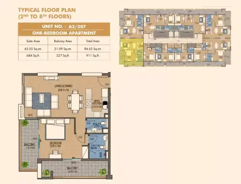 Purvanchal Triana Residences: Type 3, 911 sq ft 户型图