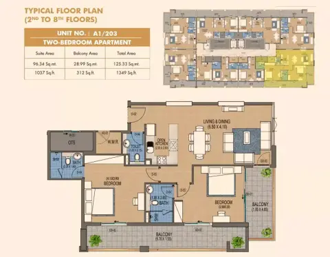 Purvanchal Triana Residences: Type 2, 1,349 sq ft 户型图
