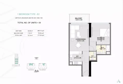 Ayaan Heights: Планировка Type B1, 777 sq ft