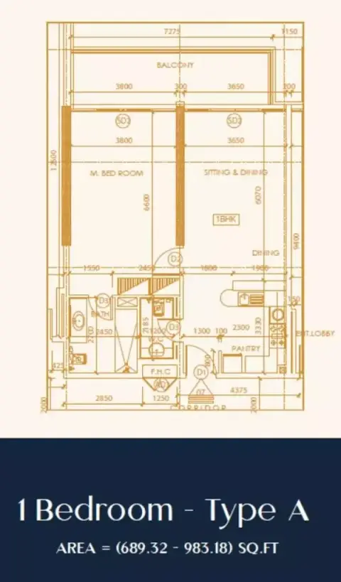 Shakespeare Tower: Floor plan Type A, 689 sq ft
