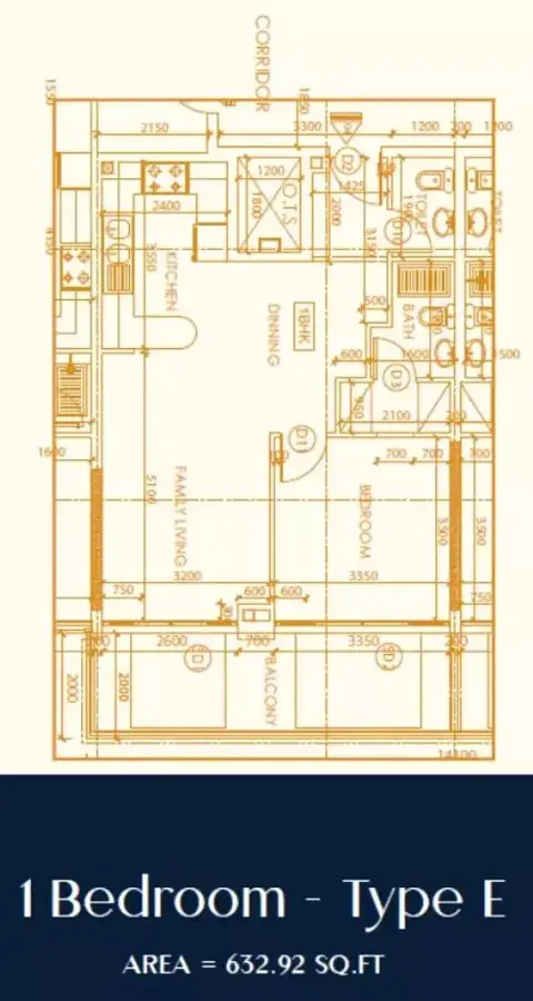 Shakespeare Tower: Floor plan Type E, 632 sq ft