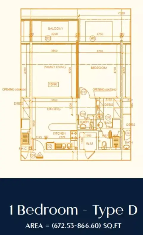 Shakespeare Tower: Floor plan Type D, 672 sq ft