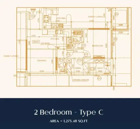 Shakespeare Tower: Floor plan Type B, 1,273 sq ft