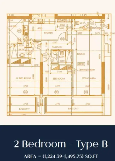 Shakespeare Tower: Floor plan Type B, 1,224 sq ft