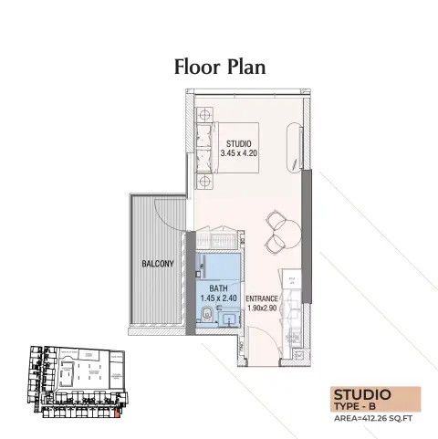 Hills View: Floor plan Type B, 412 sq ft