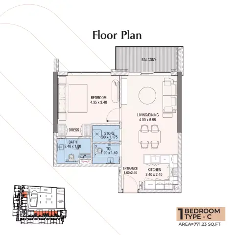 Hills View: Floor plan Type C, 771 sq ft