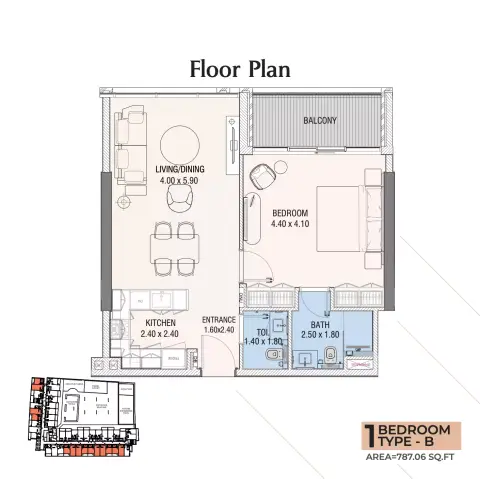 Hills View: Floor plan Type B, 787 sq ft
