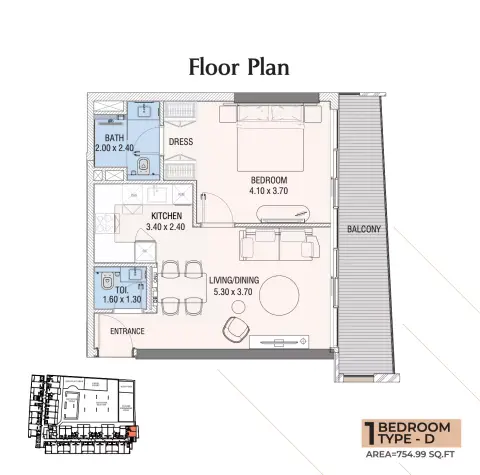 Hills View: Floor plan Type D, 755 sq ft