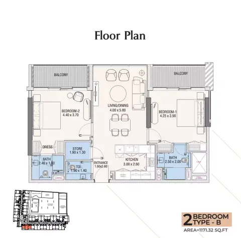Hills View: Floor plan Type B, 1,171 sq ft