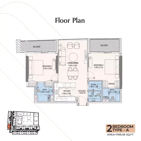 Hills View: Floor plan Type A, 1,198 sq ft