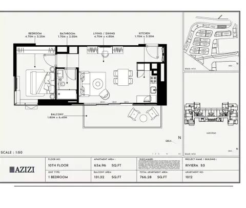 Azizi Riviera 53: Floor plan Type 1012, 766 sq ft