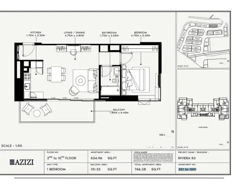 Azizi Riviera 53: Floor plan Type 201 to 1001, 766 sq ft