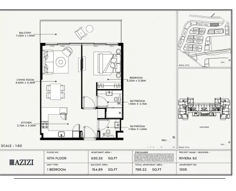 Azizi Riviera 53: Floor plan Type 1005, 785 sq ft